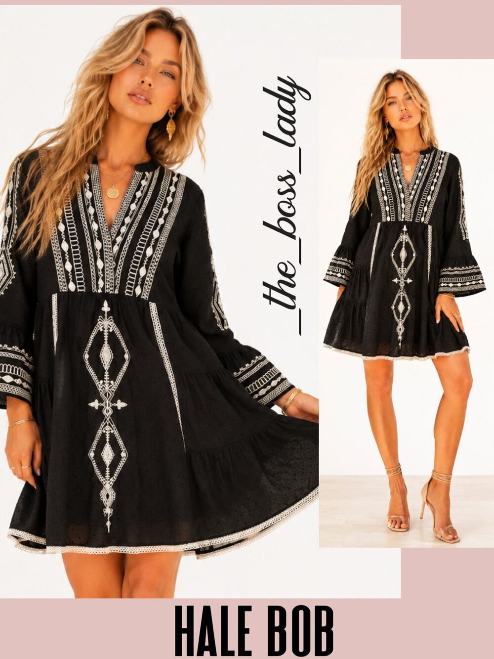 Hale Bob embroidered dress bell sleeves boho Small